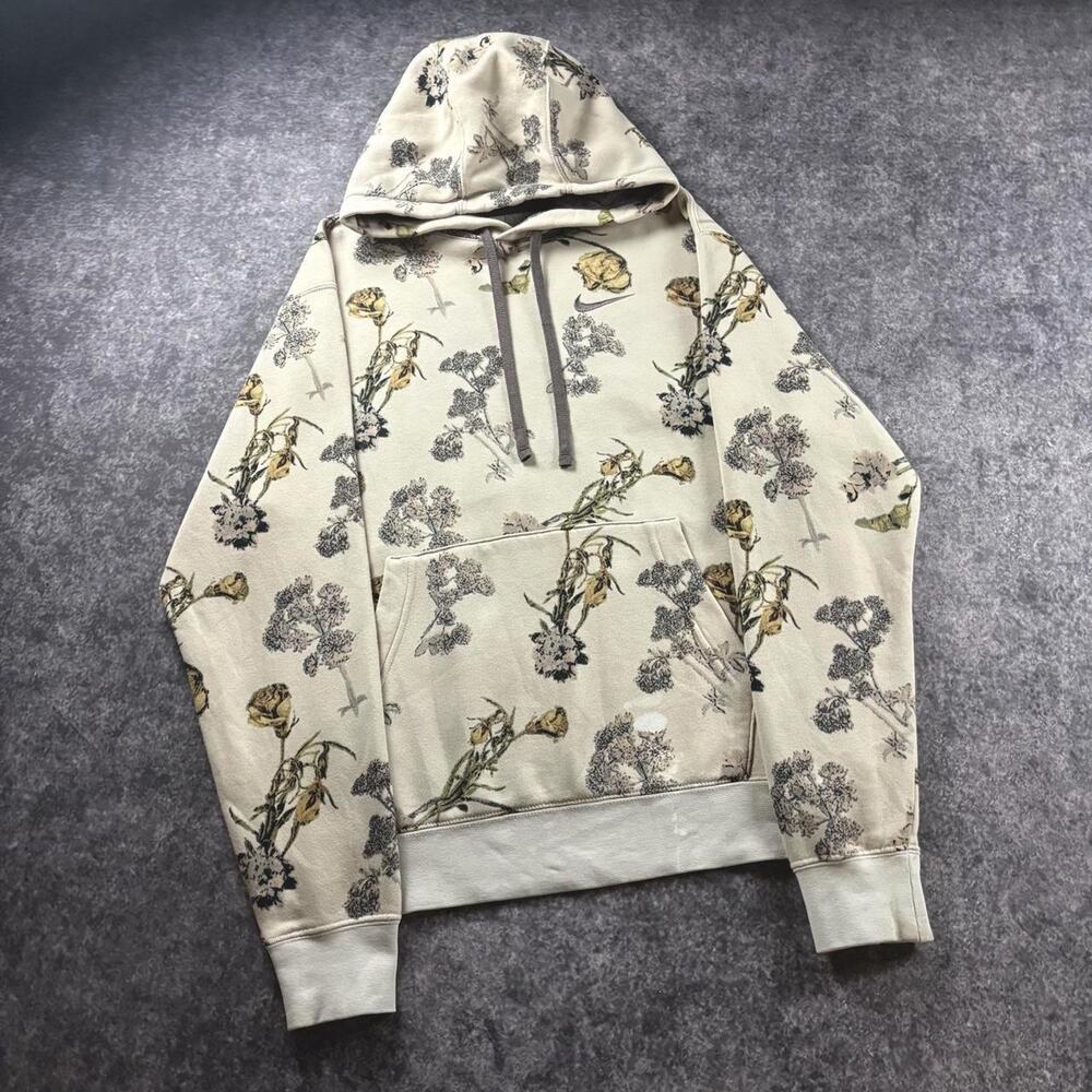 Nike Men's M Cream Floral Print Pullover Hoodie Embroidered Fleece Sweatshirt